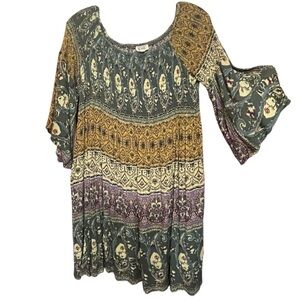 Plisse boho print bell sleeve gypsy peasant style mini dress shower festival szL